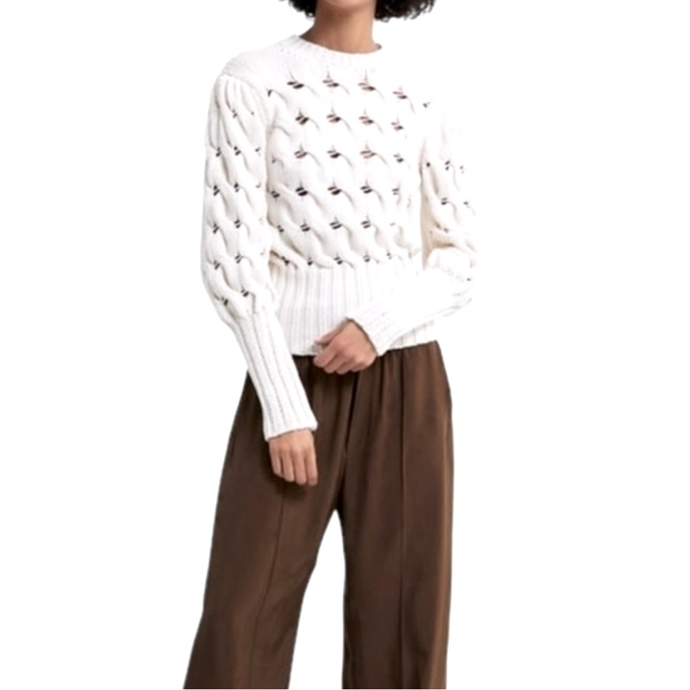 Zara Chunky Cable Knit Sweater Puff/Balloon Sleeves Soft Cotton Ivory/White Med